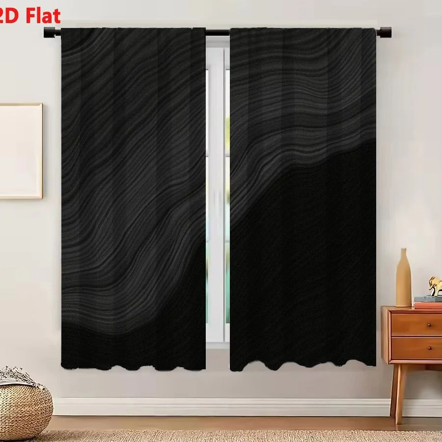 2Pcs Curtains 2D Flat Abstract Flowing Wavy Lines Gradient Grayscale Minimalist Textural Rhythmic Patterns Window Drapes for Bed