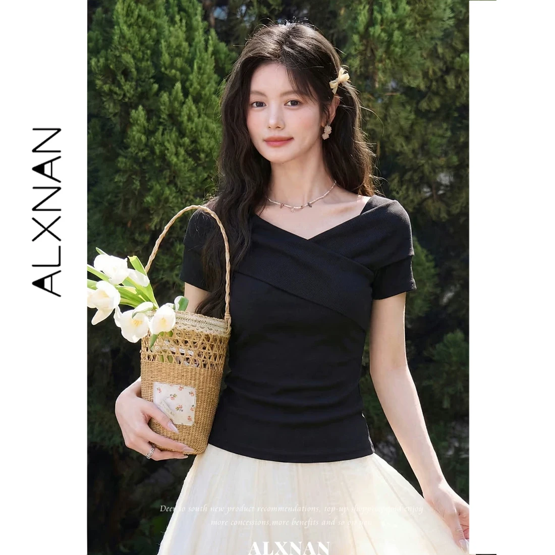 ALXNAN Black T-shirts 2026 Summer Cross V-neck Knit Short Sleeve T-shirt Women Elegant Casual Fashion Female Clothing L62865A