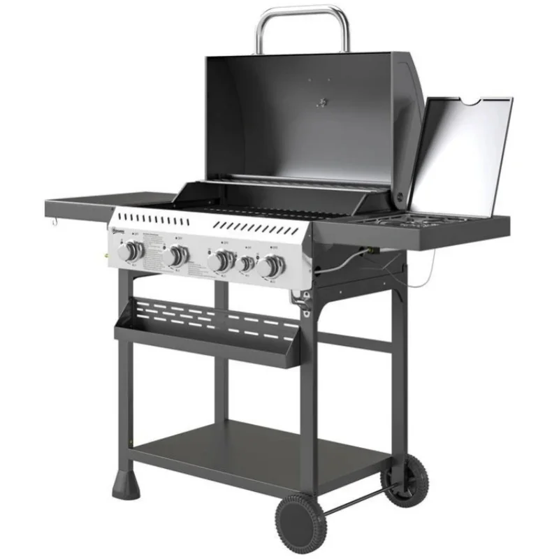 BBQ-Grill, Gasgrill, 4 Hauptbrenner, 1 Seitenbrenner, 1 Warmhalteplatte, 135x55x103 cm, Schwarz, Robust, Langlebig, Leicht zu Reinigen, Platzsparend, für Garten, Terrasse, Balkon, Camping, Grillparty,