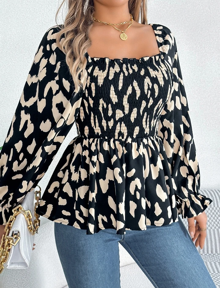 Casual Square Neck Leopard Print Long Sleeved Chiffon Shirt for Women women\'s blouses trend 2025