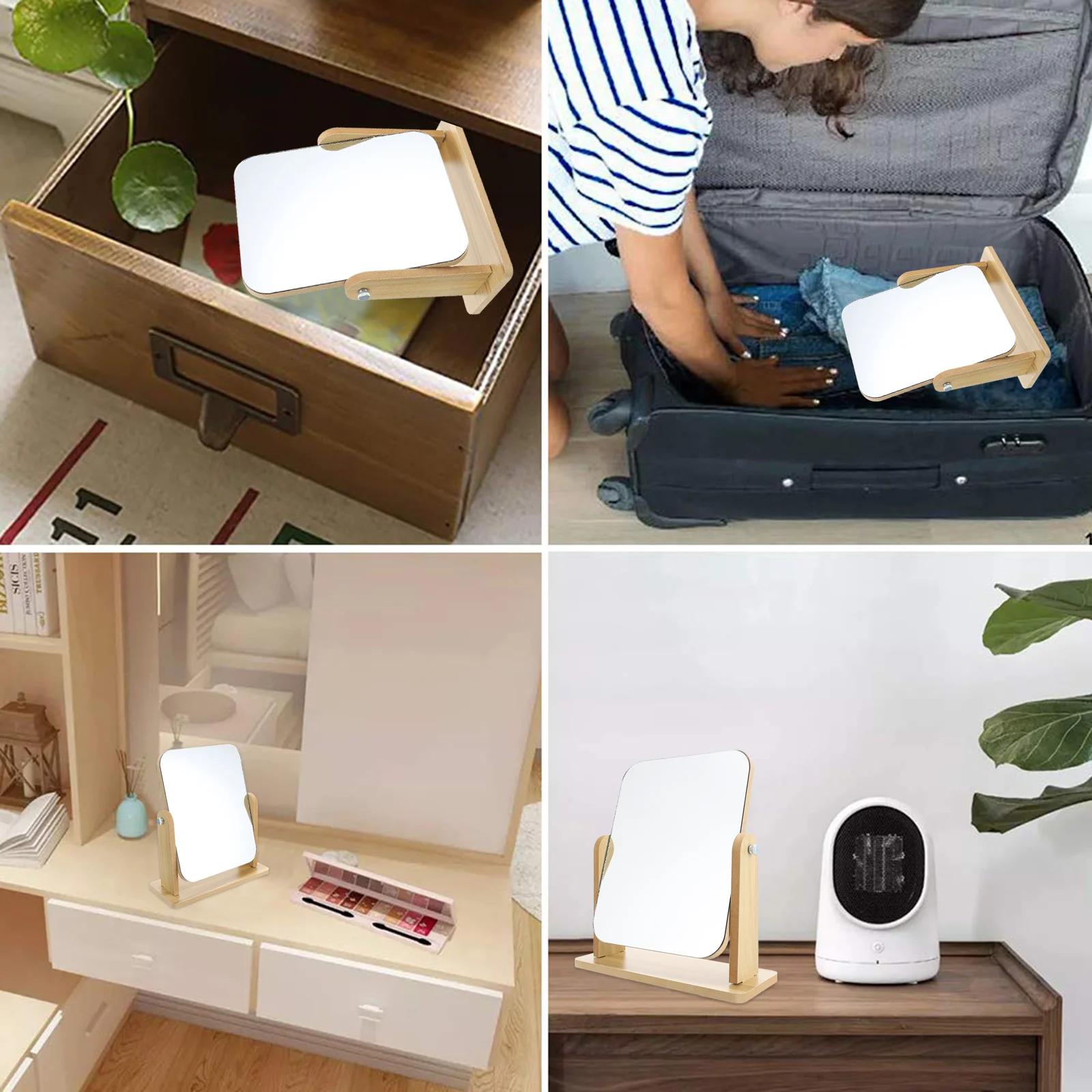 Espejo de tocador de escritorio, lupa de maquillaje giratoria para baño, mesa cuadrada elegante, joyería para el hogar de madera, dormitorio