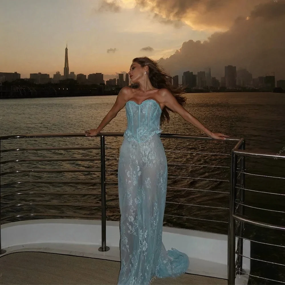 

Blue Sweetheart Lace Long Bespoke Occasion Gown Evening Dresses Prom Pastrol Unisex Jersey Retro Dubai Saudi Arabic Customized