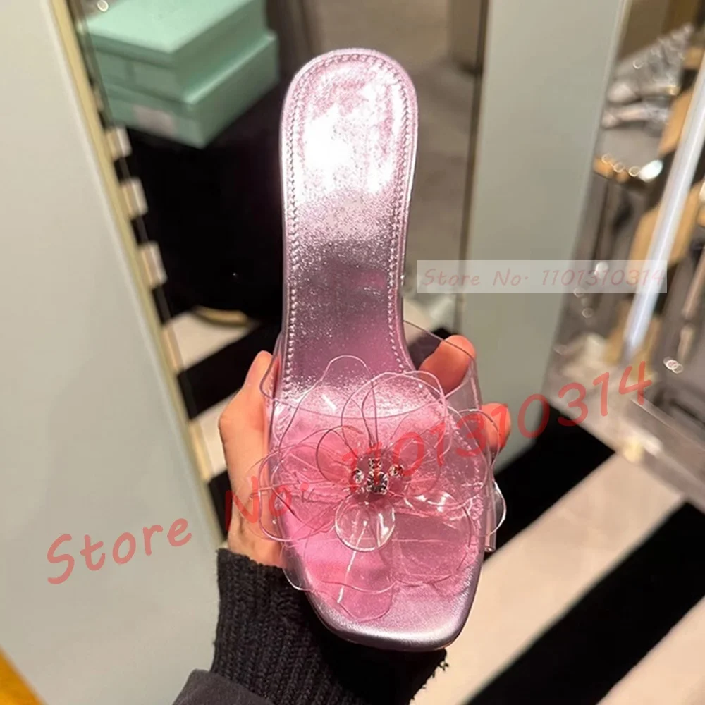 Pvc Flower Metallic Pink Slippers Women Luxury High Heels Square Toe Shoes Female Rhinestones Pistil 2023 Summer Elegant Slides