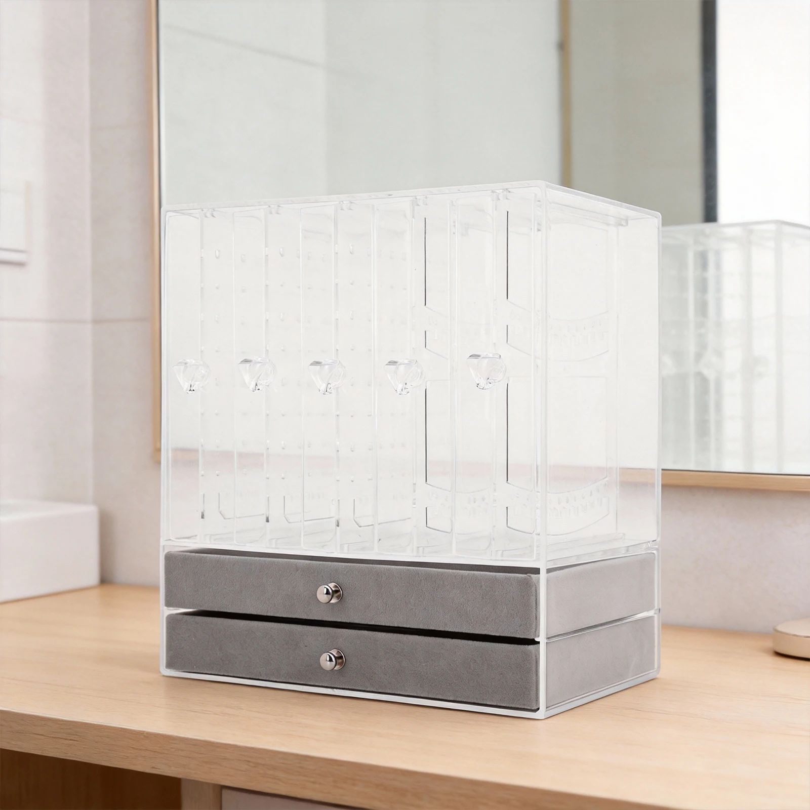 

Vertical Drawer Earring Display Stand with Slide-Out Drawers Clear Jewelry Storage Box for Bracelets Rings & Long Necklaces