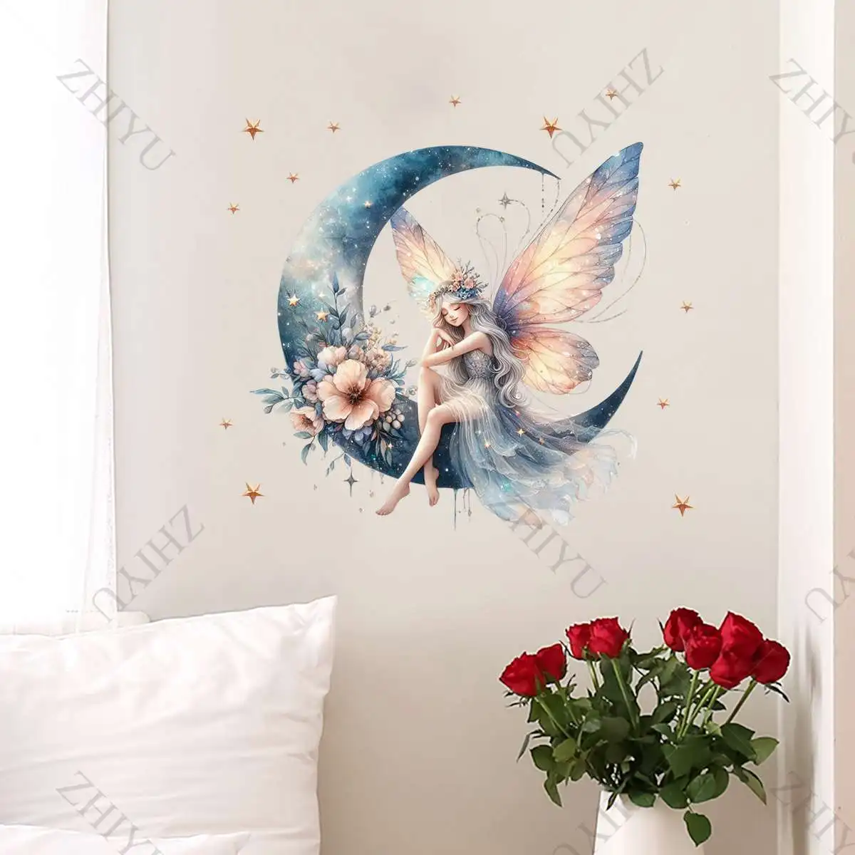 ZHIYU كارتون ذاتية اللصق خلفية الأزرق التدرج فراشة قزم الجلوس على زهرة القمر مع نجمة الجدار ملصق الديكور غرفة نوم #2