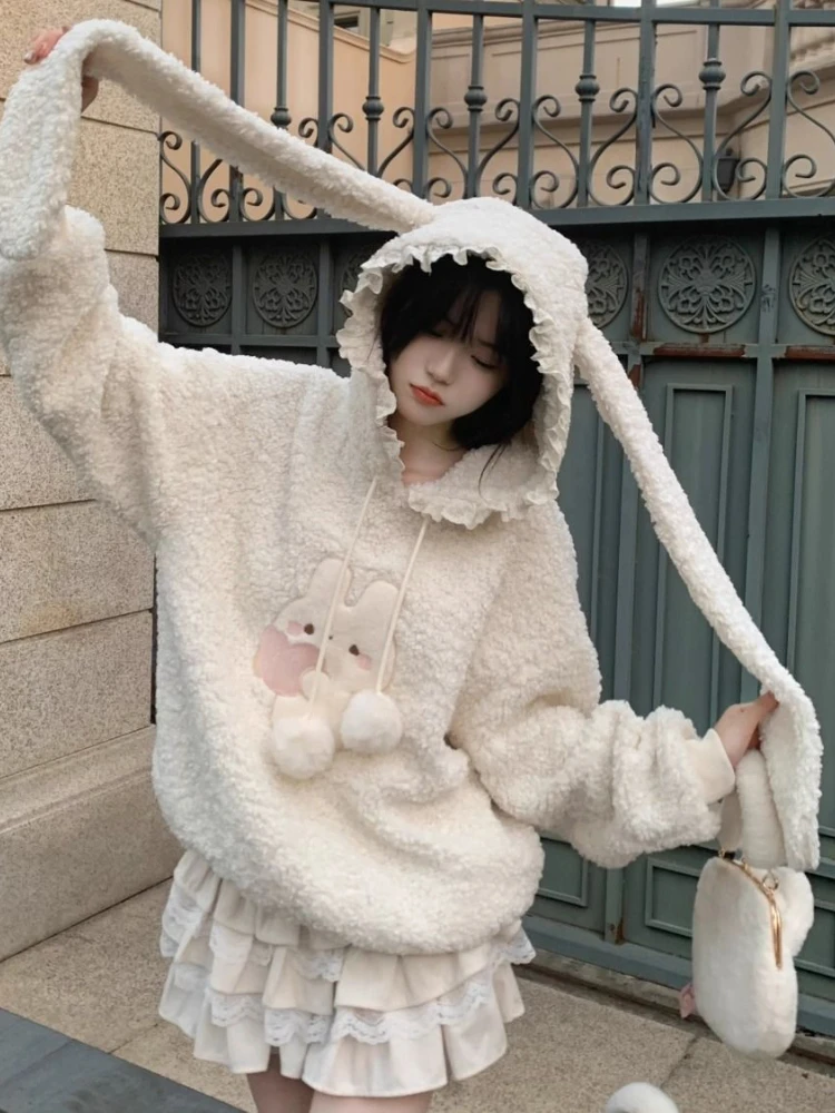 Harajuku Loose Lamb Wool Hoodies Embroidery Rabbit Y2k Aesthetic Grunge Sweatshirts Women Tops Kawaii Cute Drawstring Pullover