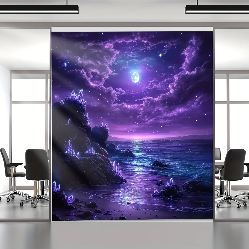1pc Enchanting Full Moon Beach Tapestry - Vibrant Purple Luminous Night Sky, 100% Polyester Wall Hanging for Living Room, Bedroo
