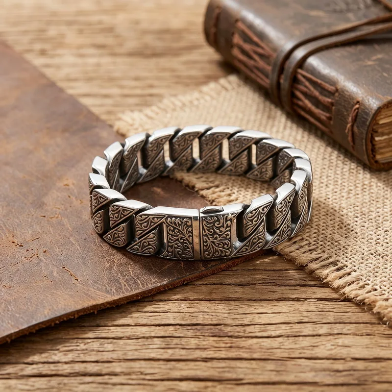 Kalen Vintage Geschnitztes Gliederarmband für Herren Punk Edelstahl Retro Blumenmuster Gravierte Dicke Kette Schmuck Gothic Jubiläumsgeschenk – Detail 6