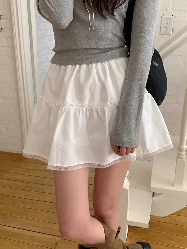 

White Lace Earlet Hem Semi-Body Skirt Women's Summer New Elastic Waist Belt Se Pants Anti-Light A-Line ort Skirt