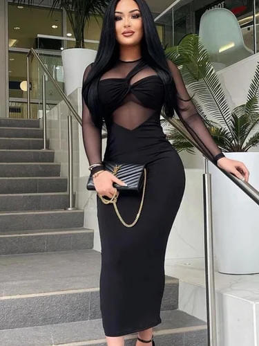 Tres hermanas 2025 mujeres temperamento elegante nuevo cuello redondo malla empalme manga larga medio a largo vestido ajustado