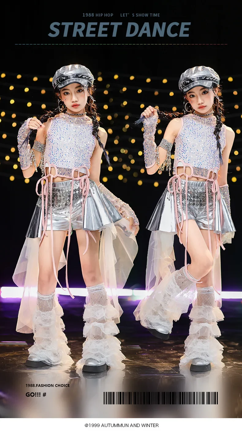 Neues Jazz-Tanzkostüm für Kinder, Mädchen-Streetdance-Paillettenweste, Lederhose, Rock, Bühnenkostüm für Auftritte – Detail 1