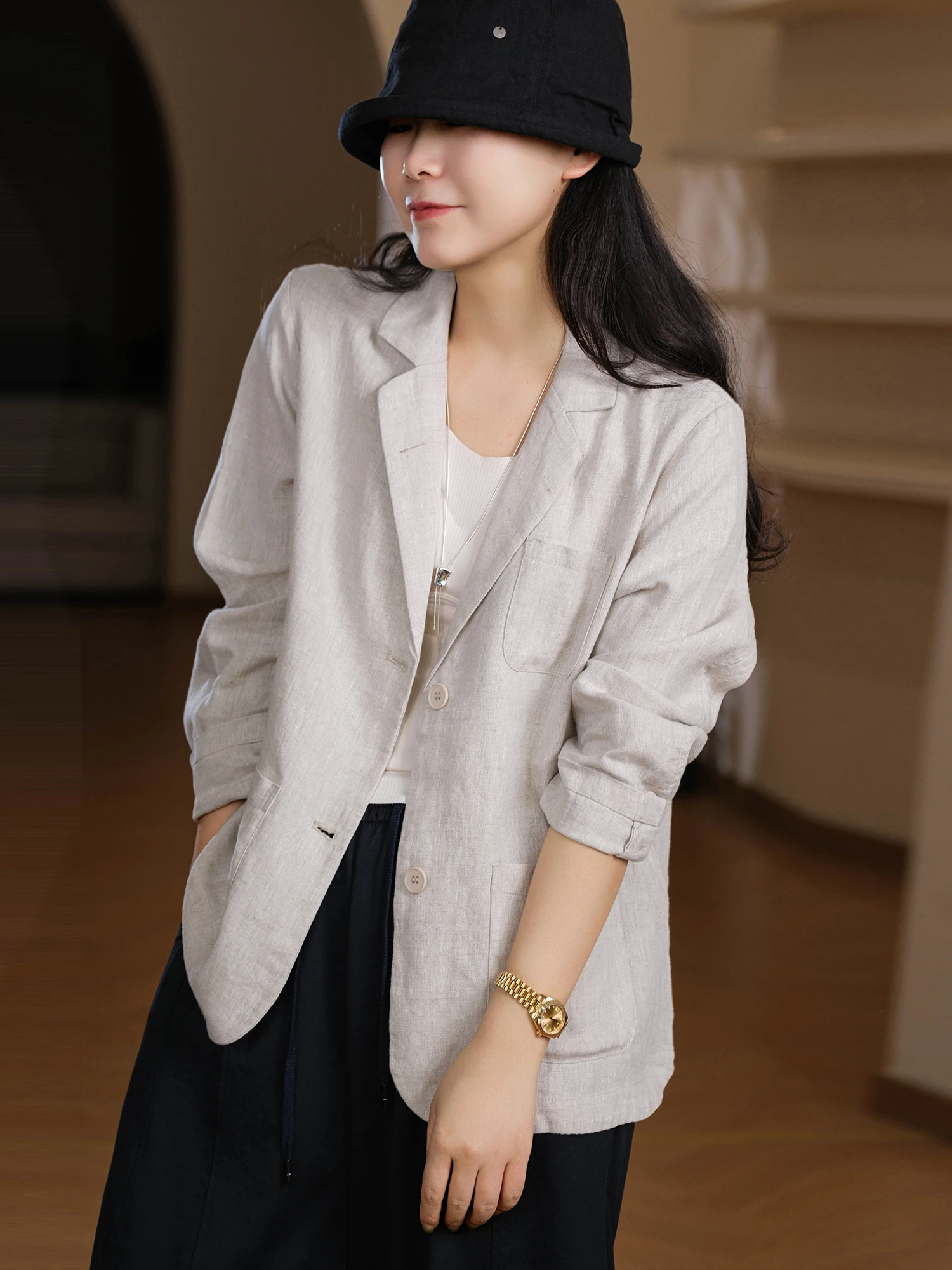 

Мужской льняной пиджак свободного кроя с двумя пуговицами, повседневный стиль, однотонный, с длинным рукавом, весенняя мода от Little Ear