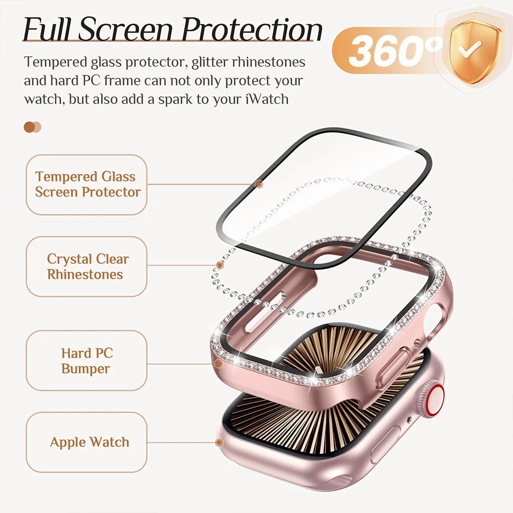 الماس حالة + الزجاج لسلسلة ساعات أبل 11 10 9 8 7 6 5 4 46 مللي متر 42 مللي متر 44 مللي متر-40-41-45 مللي متر بلينغ الوفير حامي الشاشة اكسسوارات #3