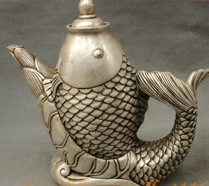 decoration Tibet copper silver   Marked Chinese Folk Silver Auspicious Lotus Fish Shape Statue Teapots Wine Pot