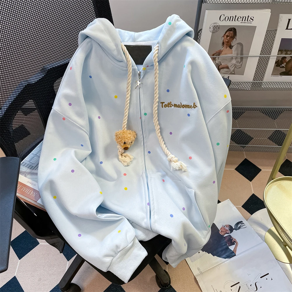 

Lazy Style Light Blue Polka Dot Women Hooded Jacket Spring Autumn Cute Bear Loose Casual Zipper Sweatshirt Female Outerwear