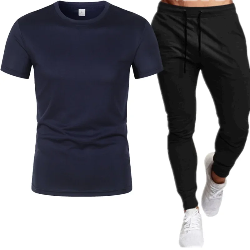2025 Summer New Men Mesh T-shirt Sports Set Outdoor Leisure Breathable Training Short Sleeve Sports Pants Two Piece Set