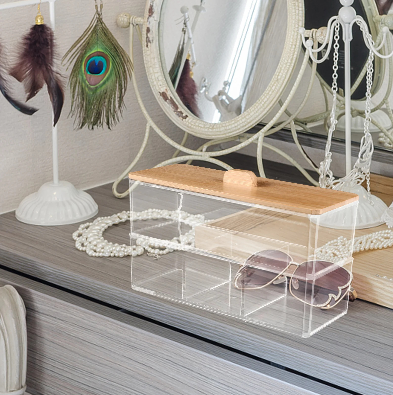 

Bamboo Lid Swab Box Organizer Storage Container For Cotton Balls Pads Dispenser Home Desktop Vanity Clear Lidded Makeup