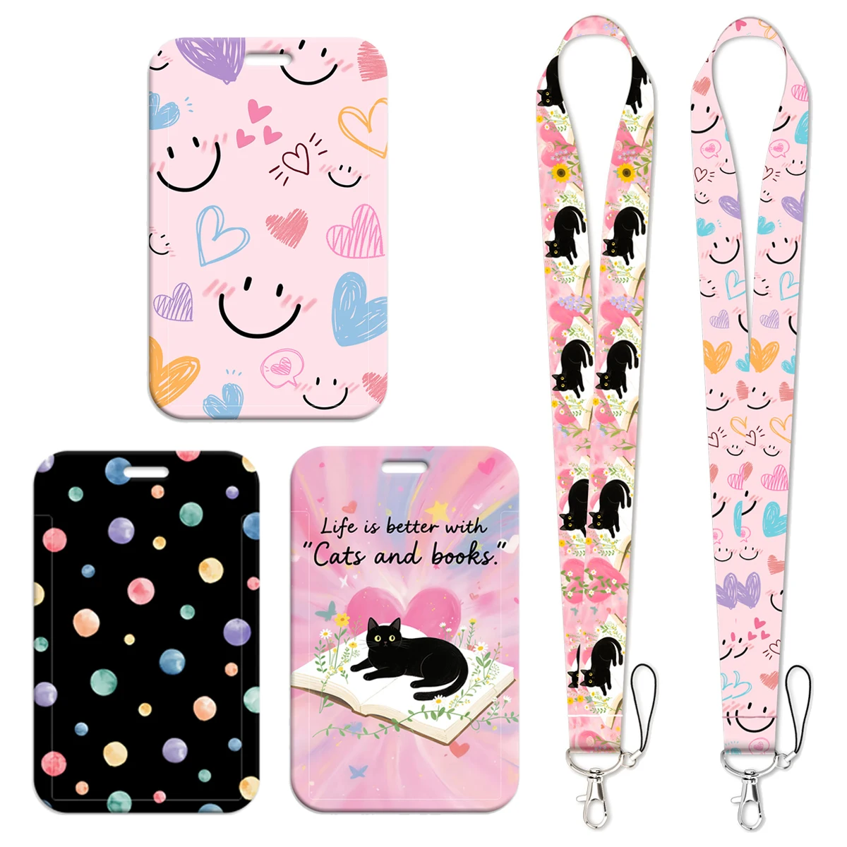Cute Black Cat Lanyards Neck Strap Pink Smile Face Love Mobile Phone Rope Credit Card Cover Card Sleeve Fashion Accessories Gift