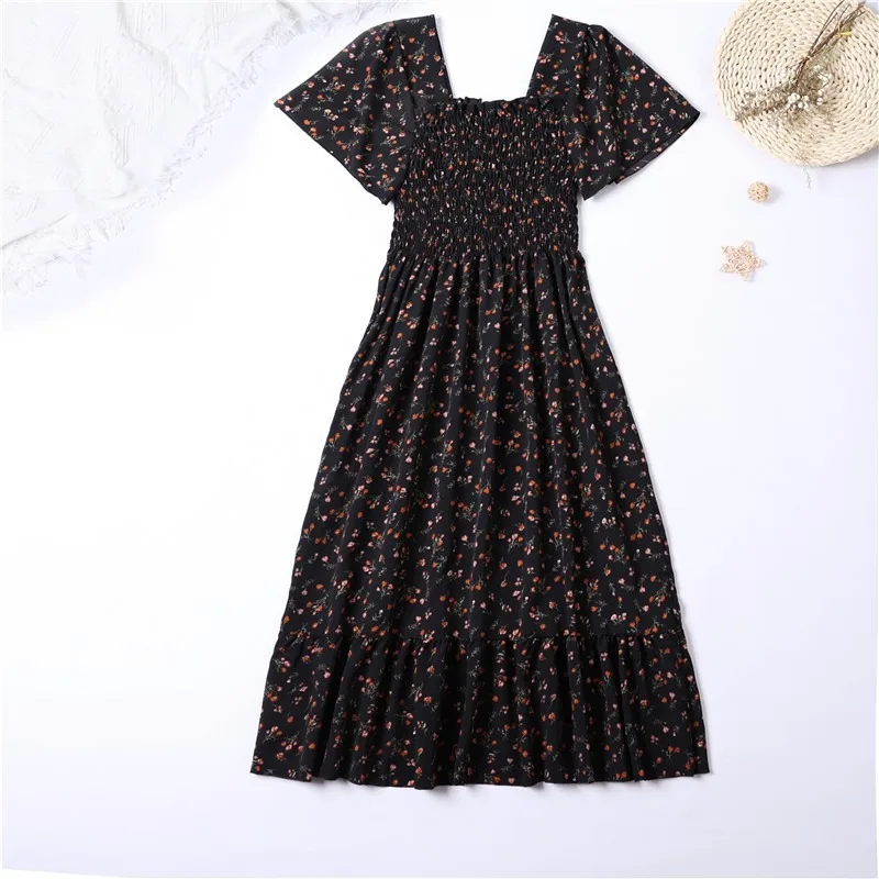 Vestido de gasa de primavera verano para mujer, vestido midi de manga corta, cintura elástica, estampado floral, plisado, espalda descubierta, casual 3