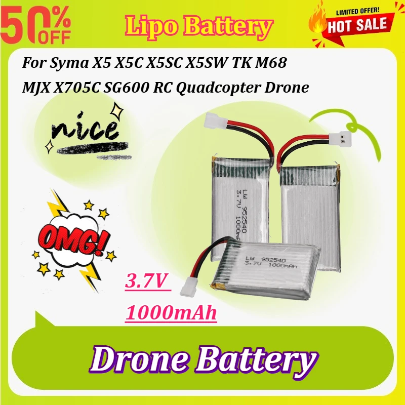 

3.7V 1000mAh 952540 Lipo Battery for Syma X5 X5C X5SC X5SW TK M68 MJX X705C SG600 RC Quadcopter Drone Accessories with A2A Plug