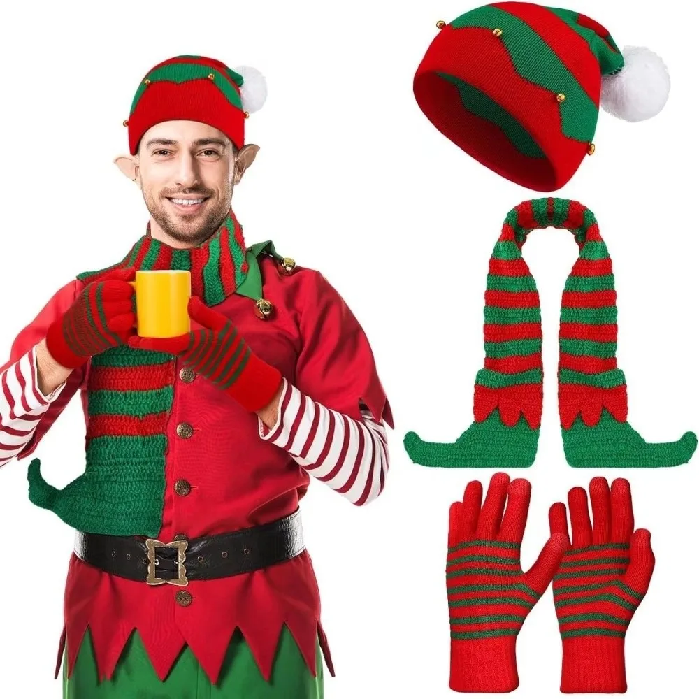 Thermal Yarn Christmas Hat Scarf Gloves Plush Pom Xmas Beanie Bright Colors Striped Pattern Knitted Holiday Scarf
