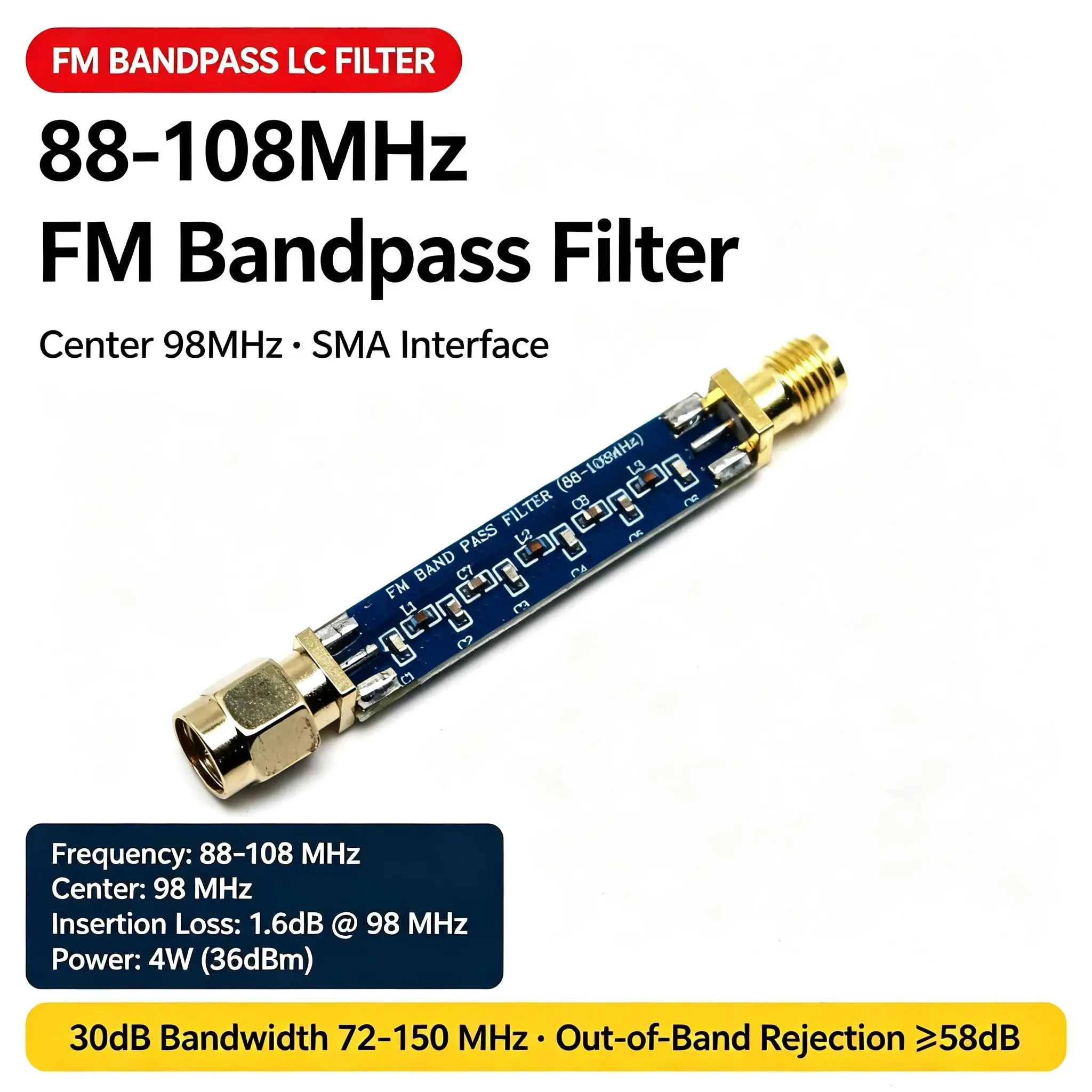 DYKB 88-108MHz FM Bandpass LC Filter 98MHz Center SMA Interface 1.6dB Loss 4W 36dBm Out-of-Band Rejection 60dB 75dB Module