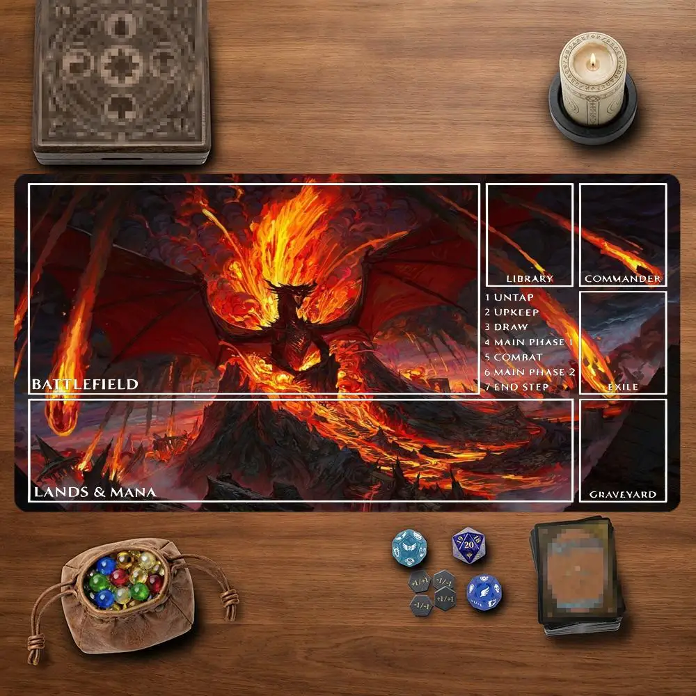Volcano Fire Dragon TCG Playmat 35X60CM Lava Hell Dragon Magic Card Battle Mat Non-Slip Durable Stitched Edge Tabletop Playmat
