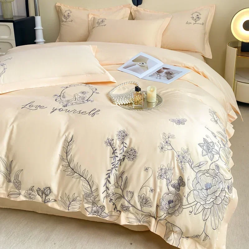 

100% Long Staple Cotton Flowers Embroidery Luxury Bedding Set Queen King Size Duvet Cover Set Flat/Fitted Bed Sheet Pillowcases