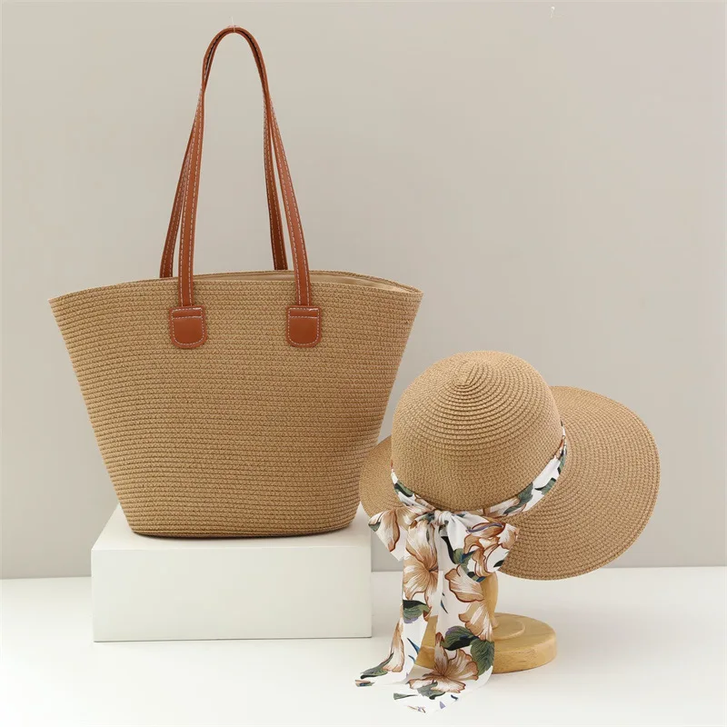 USPOP Tow-pieces Set Straw Hat and Bag Wide Brim Sun Hats with  Sweet Chiffon Flower Print Ribbon Bow Large Capacity Straw Bag