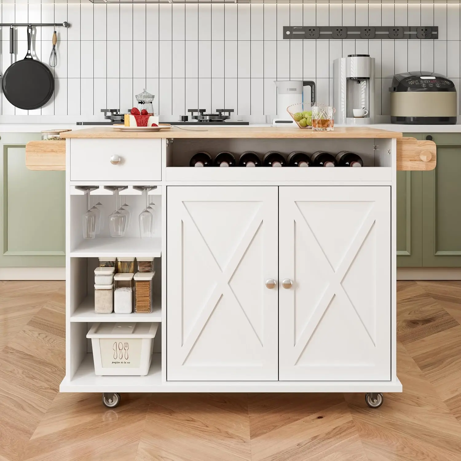 44 Inch Kitchen Island Cart with Solid Wood Top, Wine Storage,Spice Rack,Wine Glass Holder,Rolling Kitchen Island Table