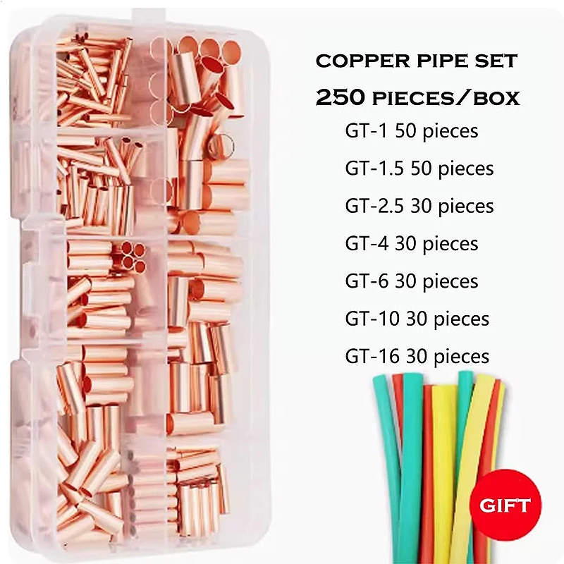 250 Uds GT tubo de conexión de cobre junta de alambre pequeño tubo de cobre Terminal Cable lug Bootlace virola Kit