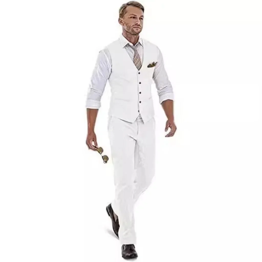 

Men's Slim Fit Linen Suit 2 Piece Wedding Groomsmen Tuxedo Casual Summer Beach Prom Vest Pants for Parties