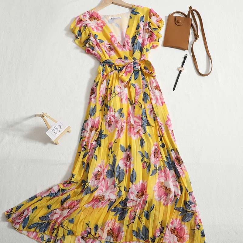 Boho Floral Print Sexy Ruffles Summer Chiffon Long Dress Party Elastic Waist Women V-Neck Casual Beach Pleated Dress