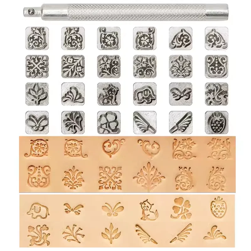 12pcs/lot Leather Stamp Zinc Alloy Seal Stamp Embossing Print Pattern Tools with Handle Plant Tanned Leather Printing Tools