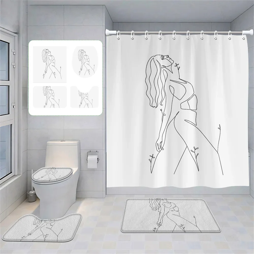 

Four-Piece Set Morandi Bathroom Decorative suit Abstract Art Shower Curtain Non-Slip Floor Mat Toilet Mat home decoration