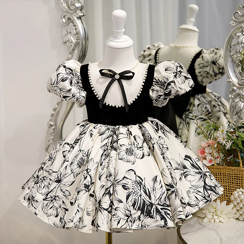 

One-year-old Dress Princess Dress 2025 New Children's Host Piano Performance Dress Birthday Baby Girl Black Fashion