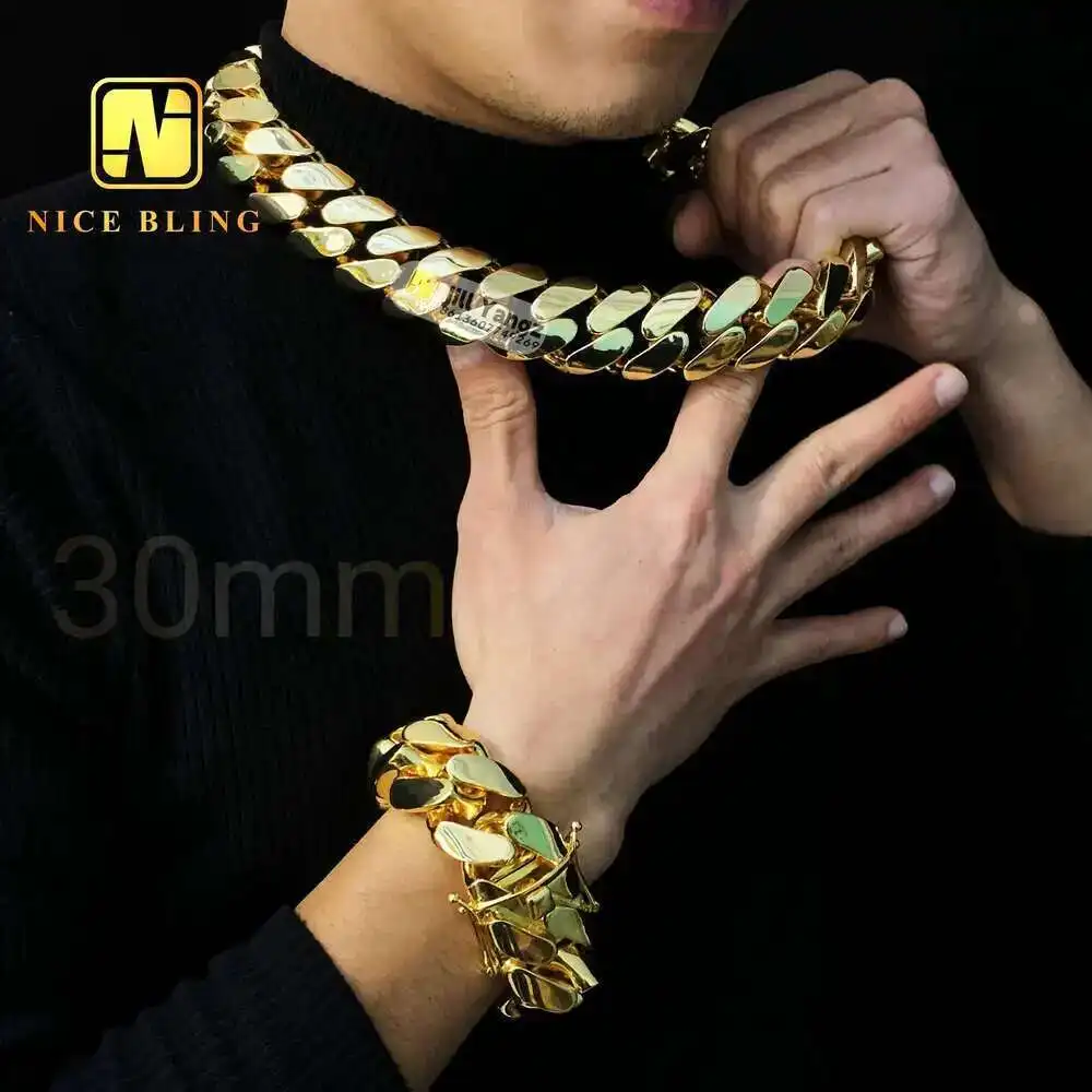 

Super Thick Heavy Big Chunky Chain 18k Gold Plated Necklace Bracelet 30mm Plain Cuban Chain No Moissanite Hip Hop Rock