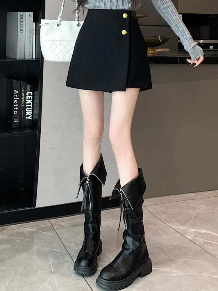 Calças de Lã de Cintura Alta para Mulheres, Calças Casuais de Perna Larga, Corte Assimétrico em Fibra de Poliéster