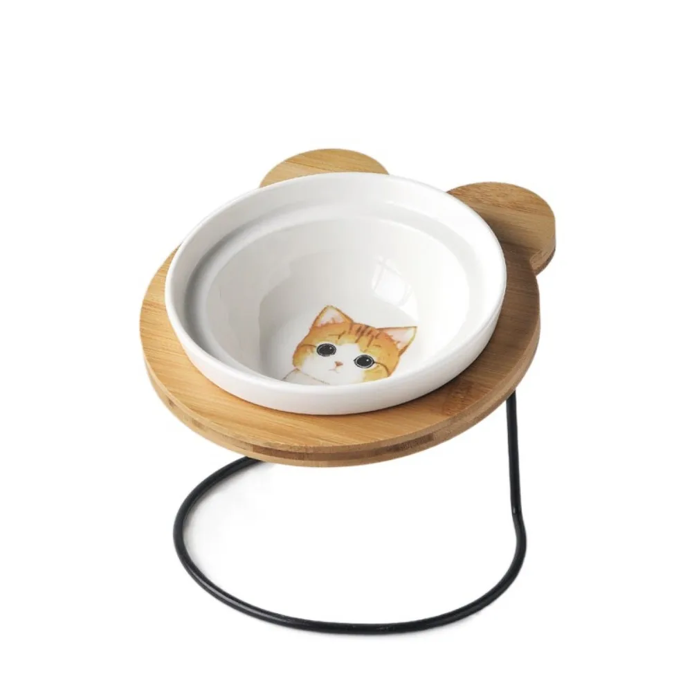 

With Wooden Stand Ceramic Cats Bowl Single Bowl Anti Vomiting Elevated Pet Feeder Anti Slip Easy To Clean Cat Feeding Station