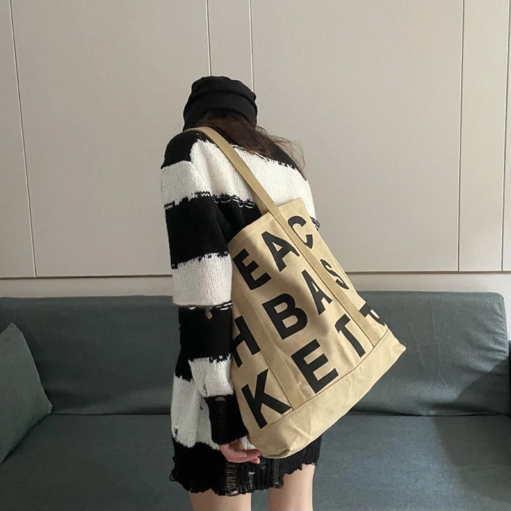 Bolso de lona con estampado de letras para mujer, bolsa de mano informal, de gran capacidad, de algodón, reutilizable, para compras y playa, 2022