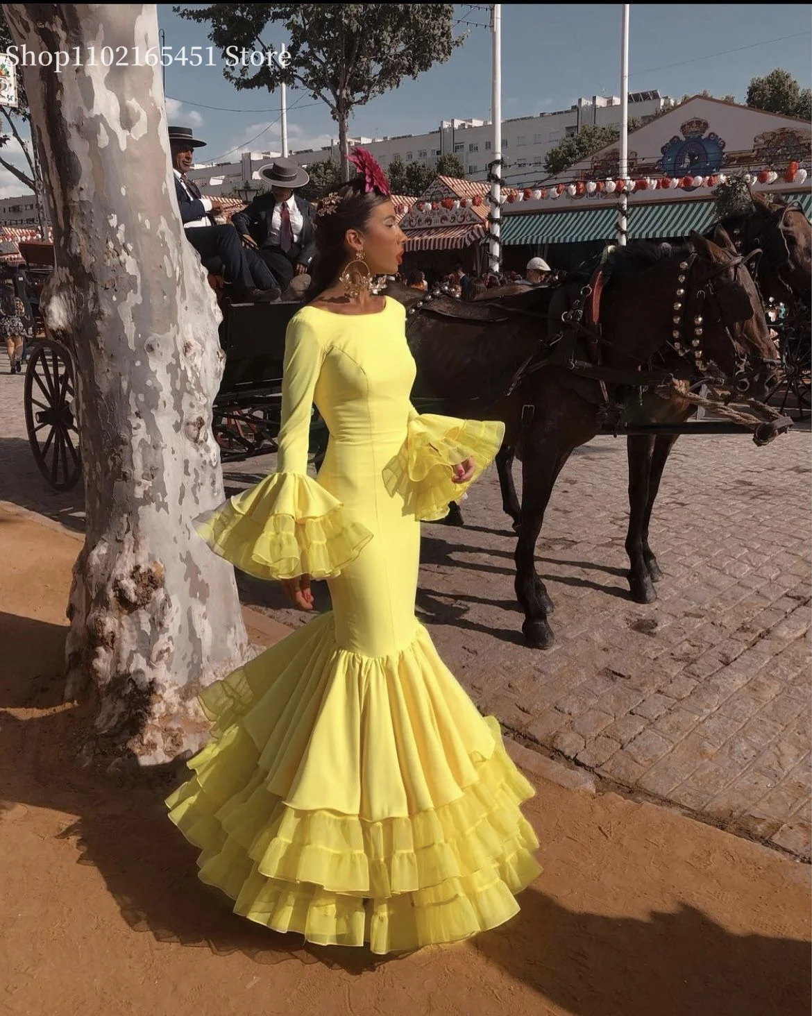 Vestido de Flamenco amarillo para mujer, vestidos de fiesta de sirena con volantes españoles, mangas largas escalonadas, ropa Formal de noche para fiesta personalizada