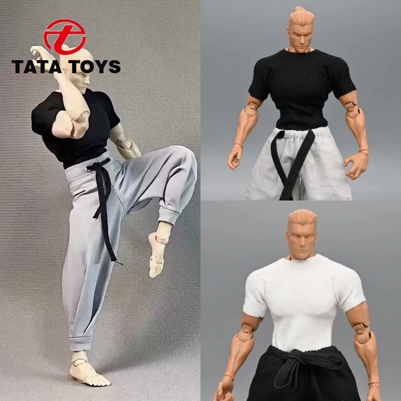 Männliches T-Shirt, Hose, Kampfsport-Actionkleidung, Zubehör im Maßstab 1:12, passend für 6'' Actionfigur, Körpermodell, Puppe