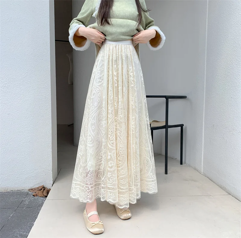 Korean Skirt Women Lace Long Skirt High Waist A Line Winter Autumn Solid Color Versatile Fashion Artistic Display Daily Match