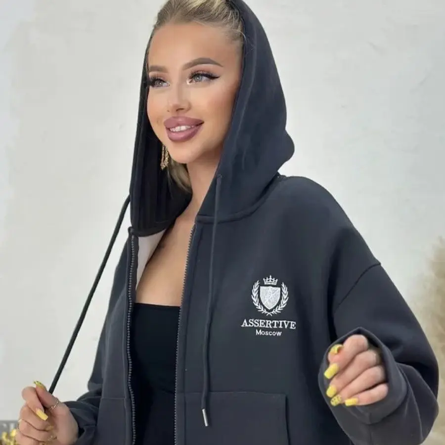 Insignia asertiva moda rusa mujer chaquetas con capucha con cremallera negro gris cárdigan de gran tamaño abrigos Hip Hop parejas calle otoño