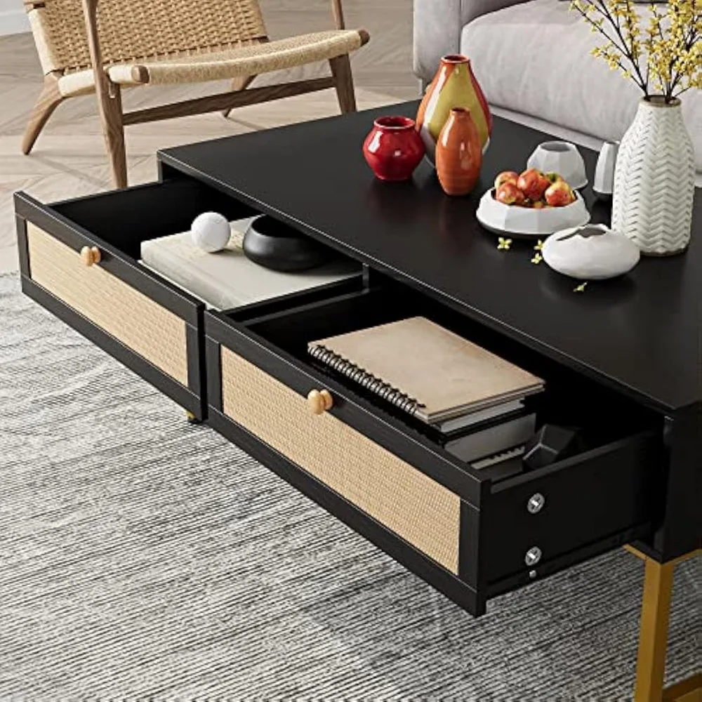 Coffee Table with Hidden Compartment and Storage Shelf, 45.66 Inch Coffee Table with Sliding PE Rattan Woven Door Panel and Sol