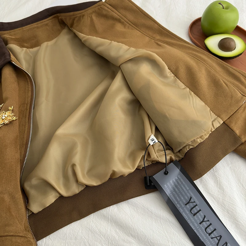 Suede Zipper Fly Jacket Coat Retro Loose Heavy Diamond Chic Jacket Overcoat Women Autumn Winter Long Sleeve Pocket Outwear