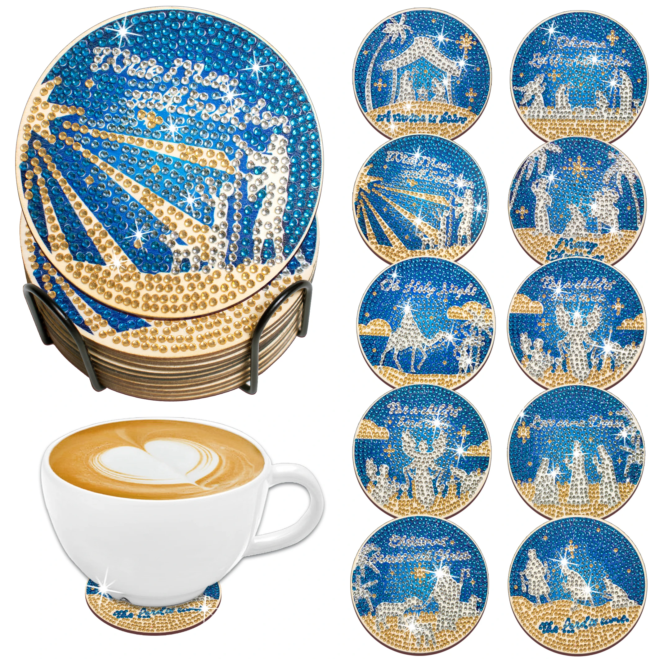 10PCS Chrismas Day DIY Diamond Painting Coaster Blue Color Jesus Christ Theme Diamond Embroidery Gift for Best Friend