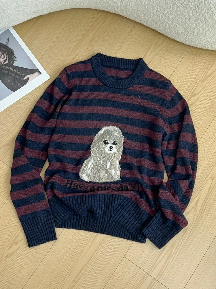   가을 겨울 여성 니트 스웨터 울 루즈핏 레터 패턴 강아지 프린트 따뜻한 보온 롱 스웨터 라운드 넥...