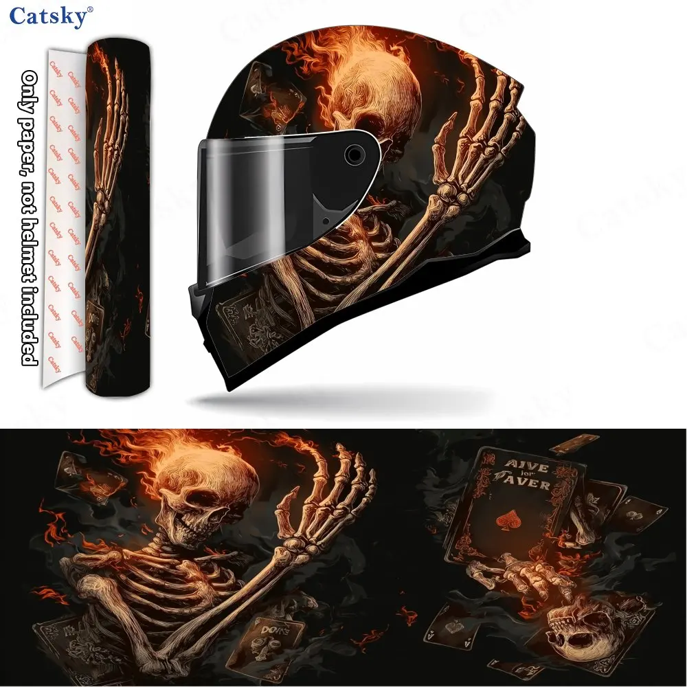 Fiery Skeleton Shadow and Demon Card Secret Realm Helmet Vinyl Wraps, Waterproof Scratch-Resistant Full Face Helmet Decals, Dura
