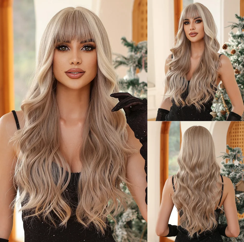 Allbell Magique Blaue Haarperücke mit Pony, lange gewellte synthetische Perücke, babyblaue lockige Perücke für Frauen, täglicher Partygebrauch, hitzebeständig – Detail 20
